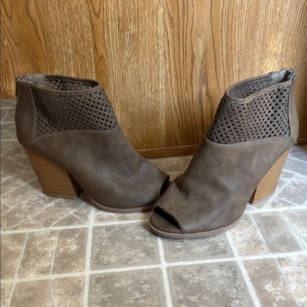 Qupid Dark Brown Peep-Toe Ankle Booties